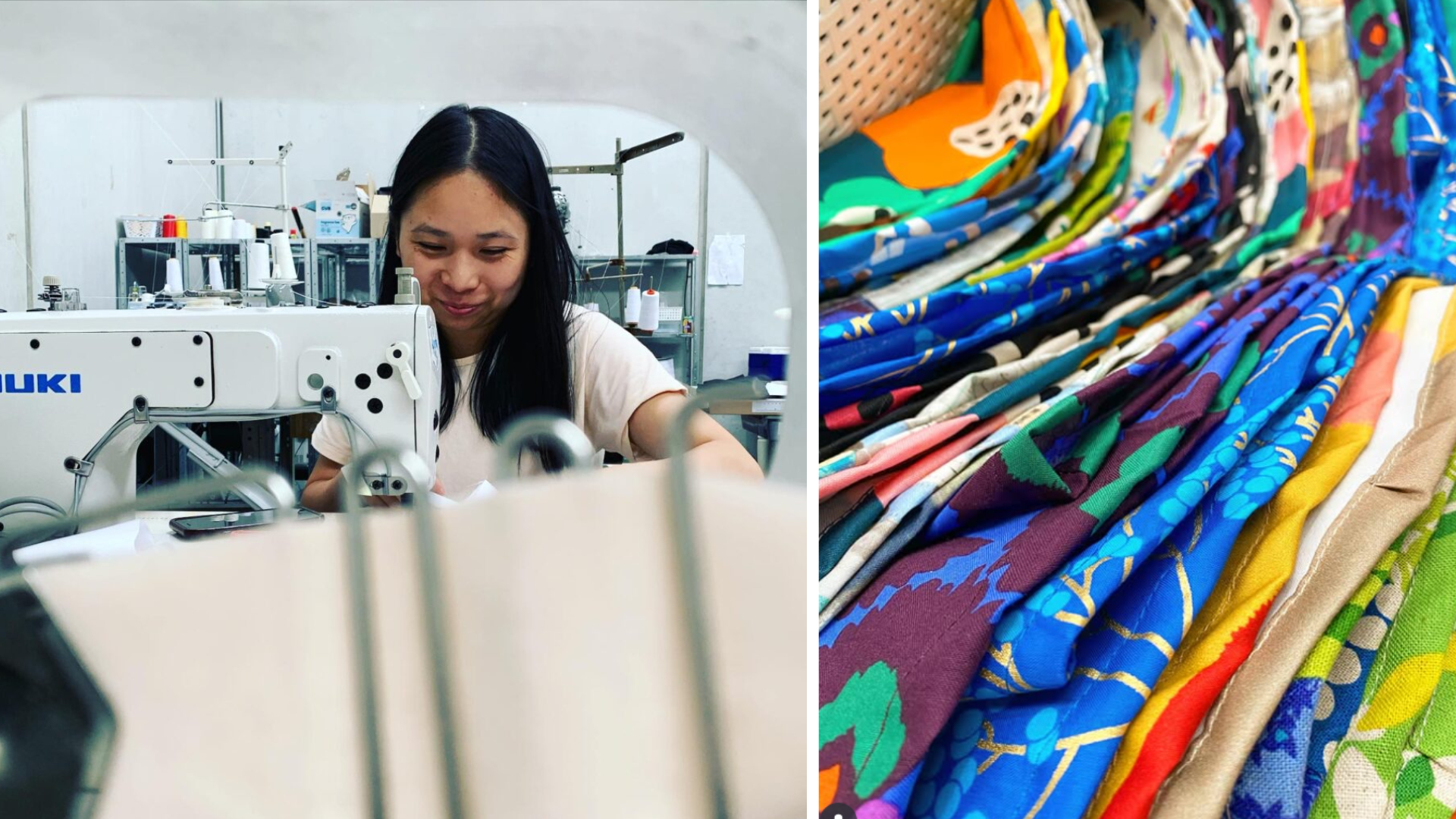 Garment factory floor showing organized sewing stations and textile materials